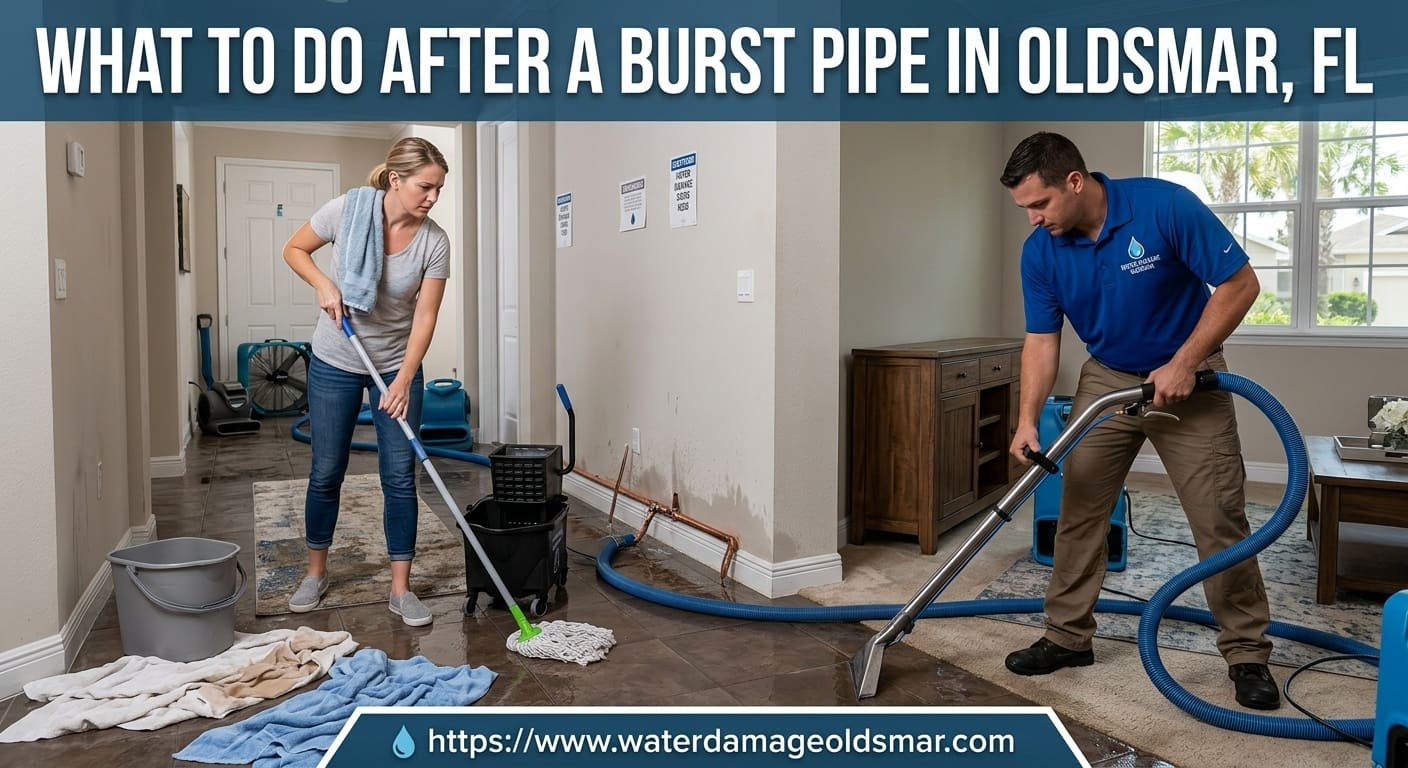 Burst pipe water damage response in an Oldsmar FL home